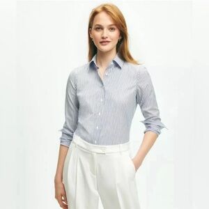 Brooks Brothers Womens Cotton Collared Long Sleeve Buttoned Blouse Blue Size 16